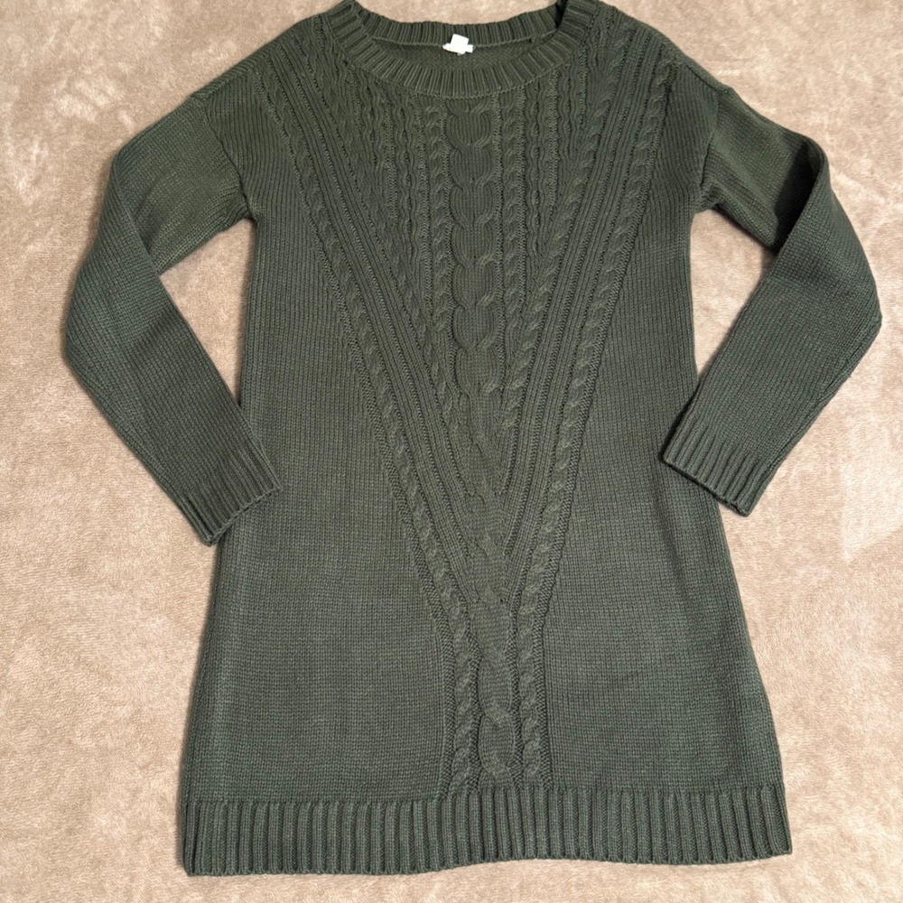 Garage Womens Olive Green Cable Knit Sweater Dress Long Sleeve Crew Neck Medium